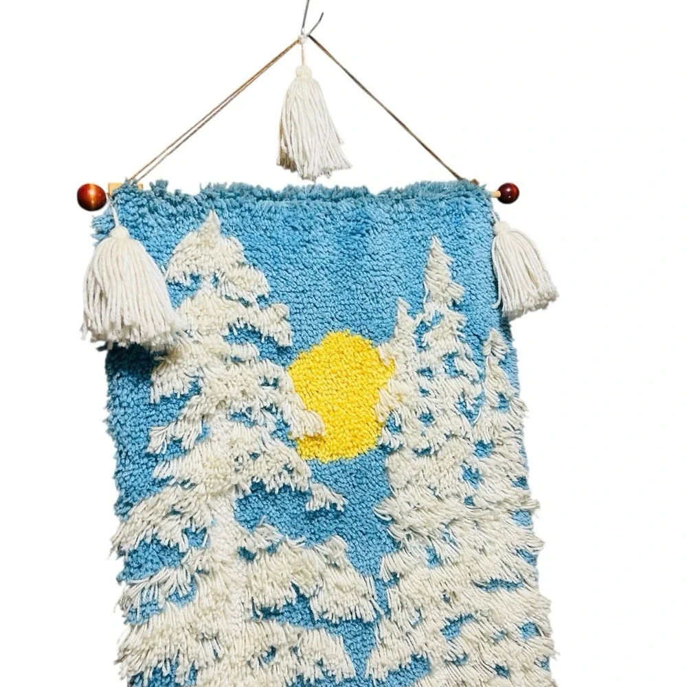 Large 6'‎ MCM 70s 3D Shag Latch Hook Wall Hanging Sun Trees Landscape Snow Retro
